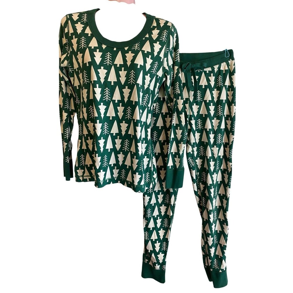 Hanna Andersson Pajama Set Womens Medium Green Tree Print Organic Cotton Holiday